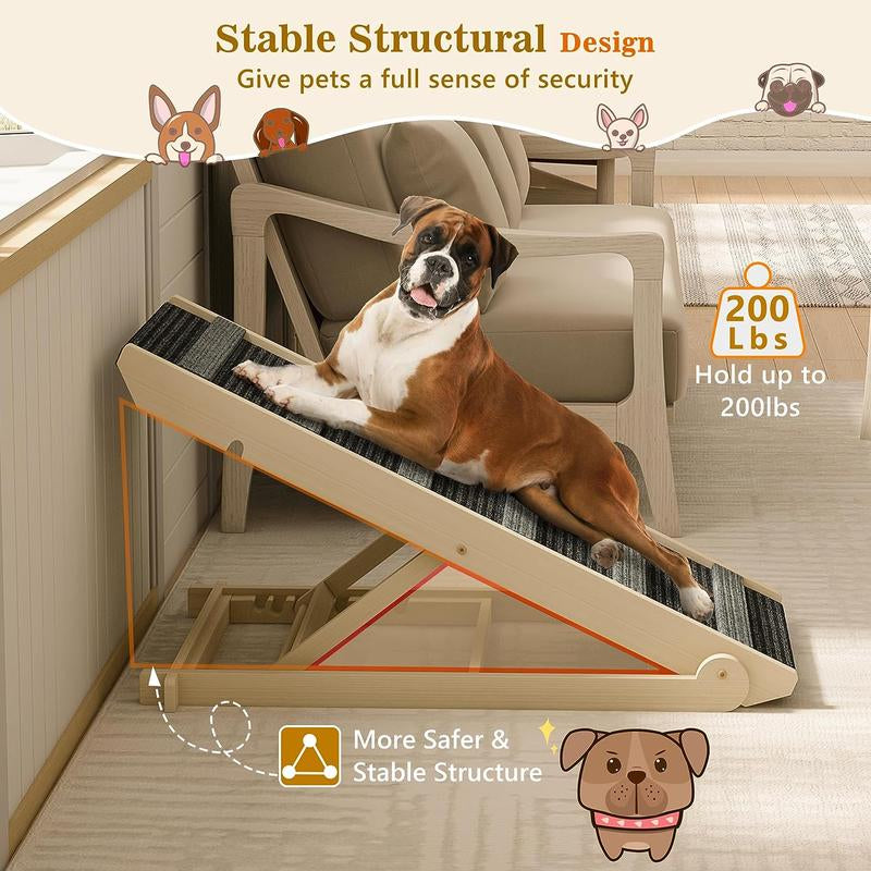 【Falldealsforyou】Aowos Dog Ramp for Bed, Folding Wooden Pet Ramp for Small Large Dogs Cats, 7 Adjustable Height from 10.8" to 26.6", Portable Stable Dog Pet Steps for Car Couch High Bed, Supports up to 200Lbs