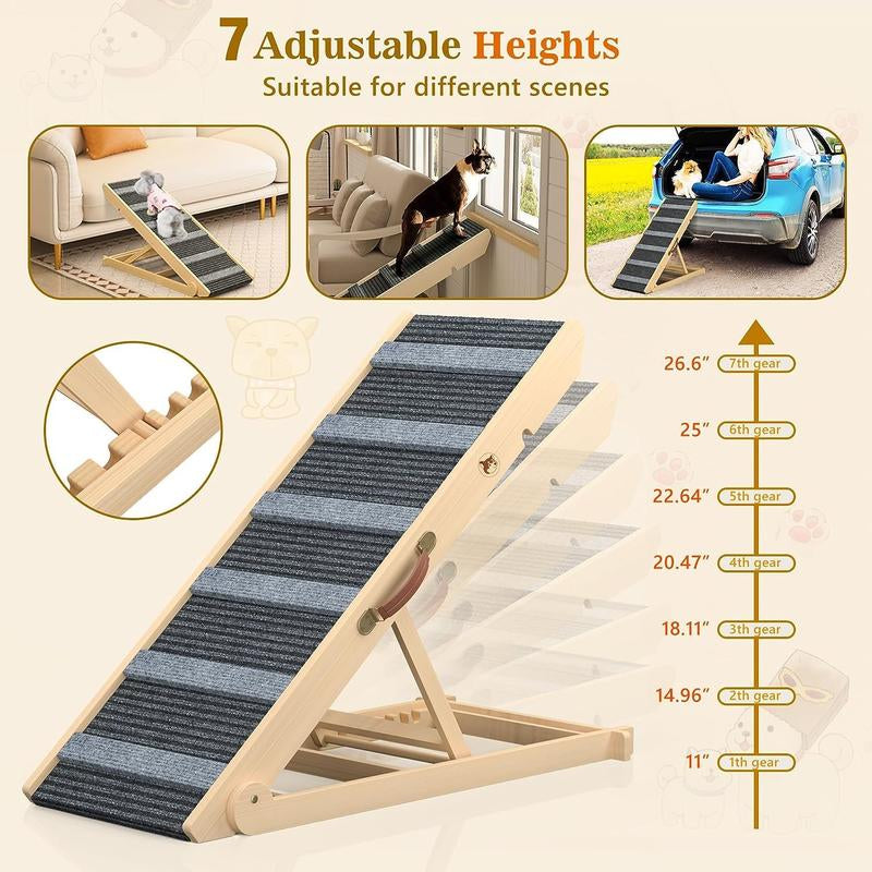 【Falldealsforyou】Aowos Dog Ramp for Bed, Folding Wooden Pet Ramp for Small Large Dogs Cats, 7 Adjustable Height from 10.8" to 26.6", Portable Stable Dog Pet Steps for Car Couch High Bed, Supports up to 200Lbs